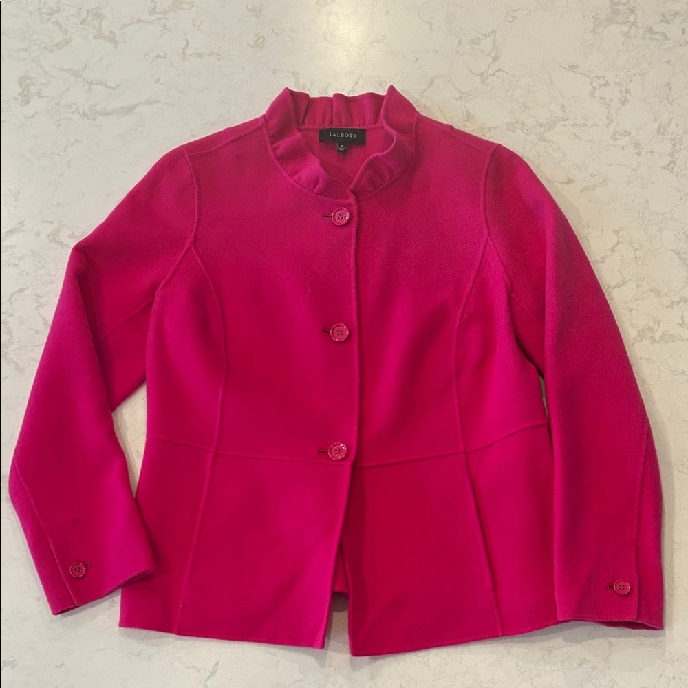 Talbots Ruffle-Neck Double-Face Jacket Pink Wool Blend Pockets Preppy 10 - Picture 6 of 14